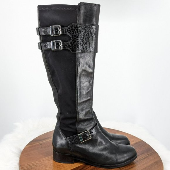 Cole Haan Tennley Knee High Boots 7.5 B Black Leather Stretch Buckles Pull On - Picture 8 of 13